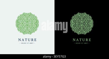 Luxury vector nature logo with elegant floral leaves, circle mandala ornament, organic elements. Tea, spa, beauty, perfume, restaurant, hotel Stock Vector