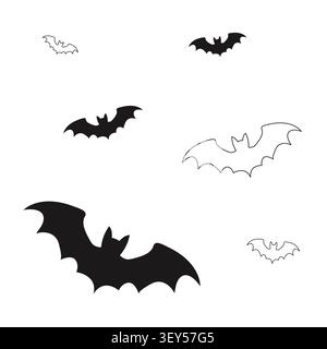 Set of six bat silhouettes, three solid black and three outlined, flying in different orientations on white background Stock Vector
