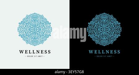 Luxury vector nature logo with elegant floral leaves, circle mandala ornament, organic elements. Tea, spa, beauty, perfume, restaurant, hotel Stock Vector