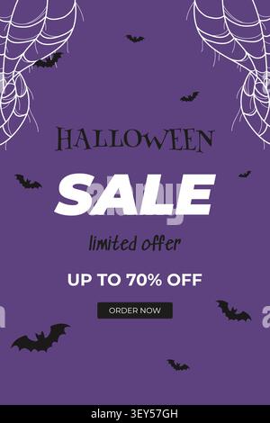 Halloween sale poster with purple background, bats, spider webs, and bold festive typography promoting Stock Vector