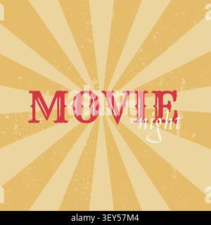 Retro movie night poster with bold red distressed text and cursive script on yellow radial burst background Stock Vector
