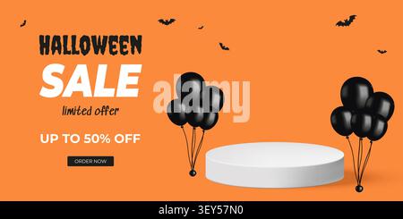 Halloween sale poster with orange background, bats, spider webs, and bold spooky typography promoting Stock Vector