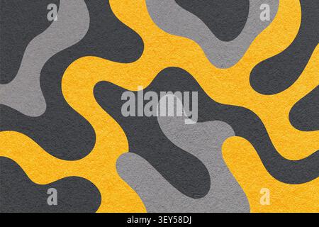 Abstract paper texture background with black, gray and yellow camouflage pattern with organic greige wavy lines and camo shapes. Stock Photo
