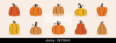 Set of simple and minimalist pumpkin illustration set with flat and hand drawn design style isolated on horizontal background perfect for Halloween. Stock Vector