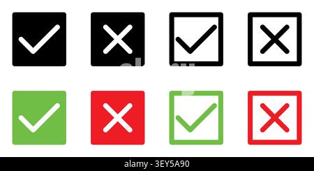 green tick and red x in square, set of OK check mark and X cross color and black and white icon symbol, vector illustration Stock Vector