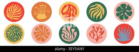 Decorative organic shape collection displayed inside colorful circular badges with floral and leafy motifs. Minimal abstract icons bring a cheerful Stock Vector