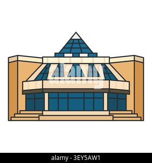 Modern cultural center with glass pyramid roof isolated on white background. Vector illustration. Contemporary public building with geometric architec Stock Vector