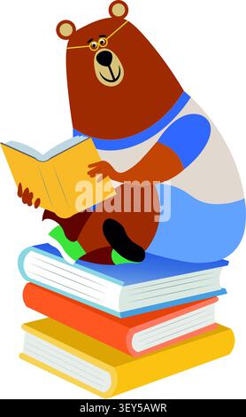 A character sits on a stack of books and reads. The bear is reading a yellow book. Colored vector illustration in flat style. Stock Vector