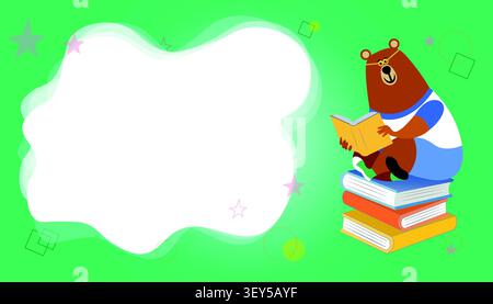 A character sits on a stack of books and reads. The bear is reading a yellow book. Next to it is a cloud for text. Colored vector illustration in Stock Vector
