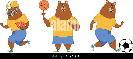 Set of baby bears in different poses. Standing and running. American football, soccer and basketball. Bear in sports uniform. Colorful vector Stock Vector