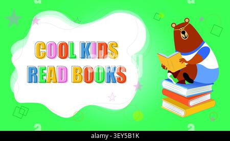 A character sits on a stack of books and reads. The bear is reading a yellow book. Colored vector illustration in flat style with an inscription. Stock Vector
