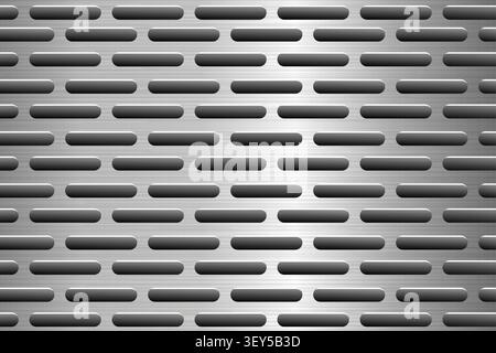 Realistic brushed stainless steel perforated metal plate texture with wide horizontal slots on an industrial background. Stock Vector