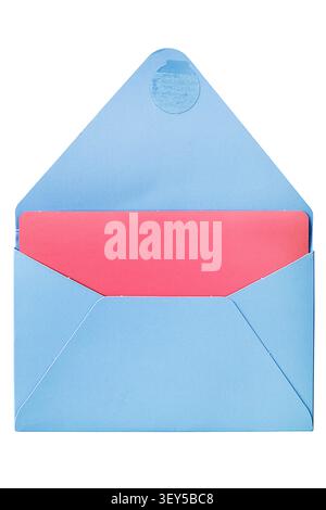 Blank pink card in opened blue envelope isolated on white background Stock Photo
