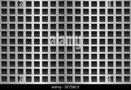 Realistic silver metal mesh grid texture with square openings on an industrial background. Stock Vector