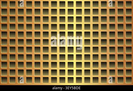 Realistic gold metal mesh grid texture with square openings on an industrial background. Stock Vector