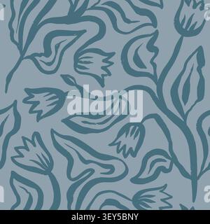 Monochrome blue brush strokes inky flowers seamless pattern Stock Vector