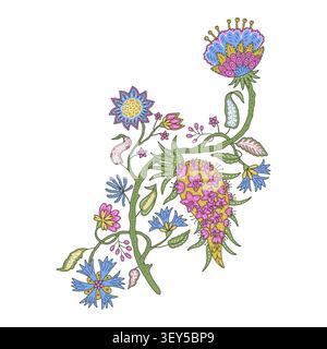 Vibrant Jacobean floral folk motif. Vintage botanical Paisley blooms vine. Hand drawn vector Stock Vector
