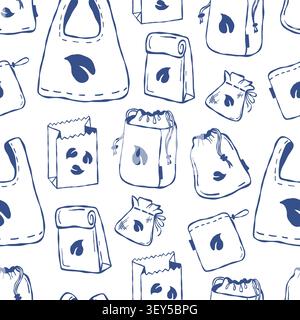 Seamless Pattern of Eco Bag and Reusable Packaging. Outline Blue Hand Drawn Sustainable Shopping Tote, Grocery Sack, and Paper Packet on White Backgro Stock Vector