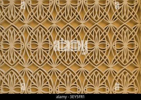Close-up of elegant geometric arabesque pattern on decorative architectural wall panel. Islamic-inspired ornament for backgrounds Stock Photo