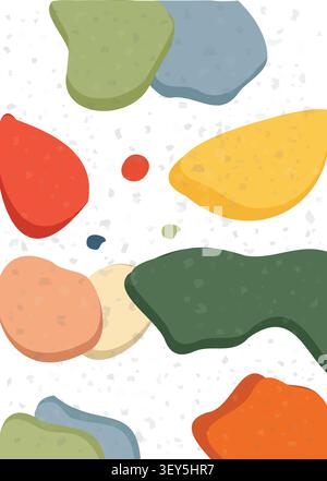 A modern minimalist vector illustration featuring colorful organic fluid shapes and abstract blobs layered over a speckled white terrazzo stone patter Stock Vector