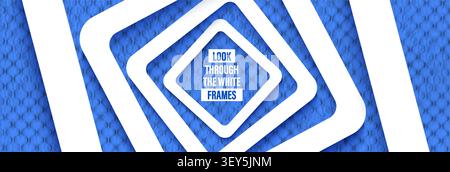 Abstract blue background with papercut white frames. Vector carton 3d grunge teture and cut out square shapes. Stripe cardboard navy blue rhombus figu Stock Vector