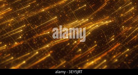 Golden digital particles flowing into abstract cyber hole. 3D quantum ...