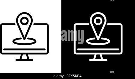 Computer With Location Pin Icon Set. Online Navigation, Gps Tracking, And Digital Mapping Outline Symbol Collection. Geolocation Services. Editable Stock Vector