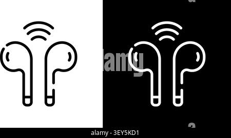 Wireless Earbuds With Signal Waves Line Icon Set. Bluetooth Connectivity And Audio Streaming Outline Symbol Collection. Music And Technology. Editable Stock Vector
