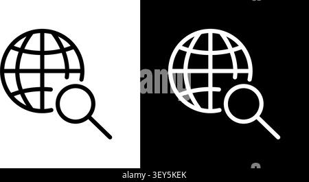 Globe With Magnifying Glass Line Icon Set. Global Search, Internet Exploration, And Online Research Outline Symbol Collection. Web Navigation, Seo Stock Vector