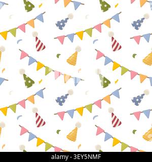 Seamless pattern with party hats, colorful flags and confetti. Vector illustration in soft flat minimal style. Festive background for birthday decor Stock Vector