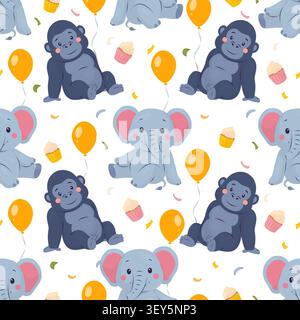 Seamless pattern with cute elephants, gorillas, balloons and cupcakes. Vector illustration in soft flat cartoon style. Kids birthday background for Stock Vector