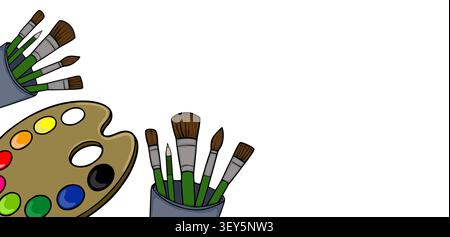 Artist painting tools vector banner with paint brushes in cups and colorful palette Stock Vector