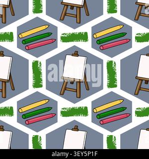 Seamless pattern with wooden easels and crayons vector illustration Stock Vector