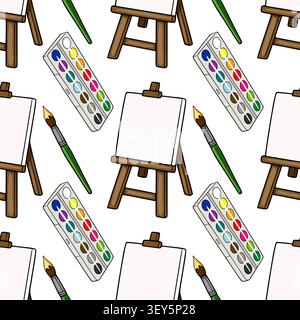 Seamless pattern with wooden easel, watercolor paint set and brush vector illustration Stock Vector