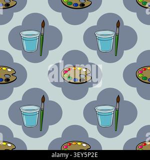 Seamless vector pattern with artist tools, paint palettes, water cups and brushes on a grey floral background Stock Vector