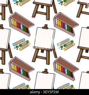 Seamless vector pattern with wooden easels, pastel crayons, and art supplies for creative design Stock Vector
