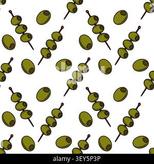 Seamless pattern with green olives and olive skewers vector illustration Stock Vector