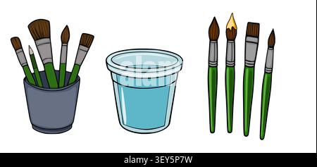 Set of painting brushes in a cup and water container vector illustration Stock Vector