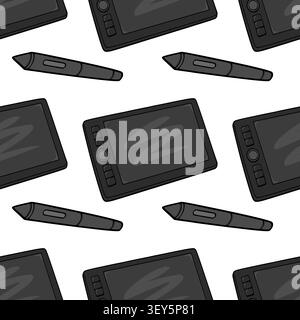 Seamless vector pattern featuring graphic drawing tablets and stylus pens in a flat cartoon style Stock Vector