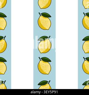 Seamless vector pattern with fresh yellow lemons and green leaves on light blue and white stripes Stock Vector