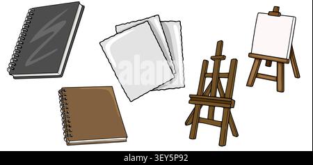 Artist tools vector set with spiral notebooks, blank paper sheets, and wooden easels for painting Stock Vector