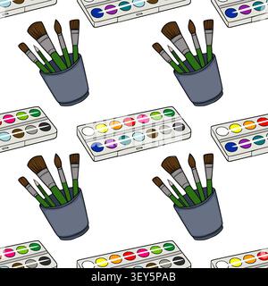 Seamless pattern with watercolor paint set and paintbrushes in a cup vector illustration Stock Vector