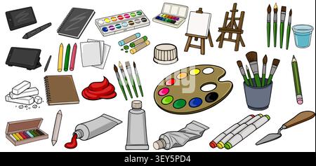 Vector set of artist tools and painting equipment, including paintbrushes, palettes, easels, and sketchbooks for creative design Stock Vector