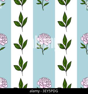 Seamless vector pattern with pink peony flowers and green leaves on a blue and white striped background Stock Vector