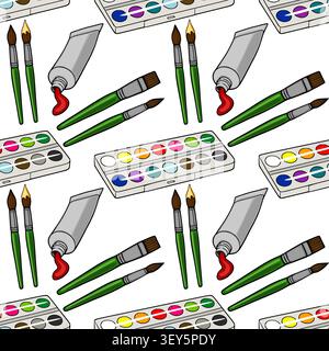 Seamless pattern with watercolor paint set and artist brushes vector illustration Stock Vector