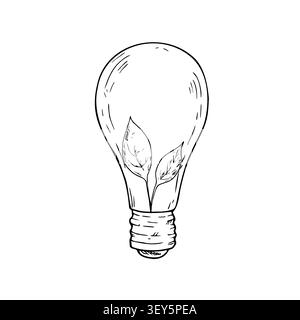 Vector glowing light bulbs with plant inside. Graphic Idea icon symbol, leaves, hand drawn illustration, eco friendly concept energy saving isolated Stock Vector