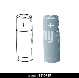 Vector cylindrical aa batteries set. Graphic silhouette clearly marked positive and negative terminals, representing energy storage icon, hand drawn Stock Vector