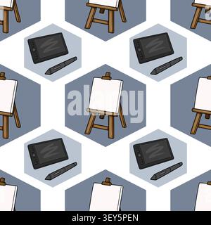 Seamless pattern with vector art supplies, wooden easels and graphic tablets in hexagonal tiles Stock Vector