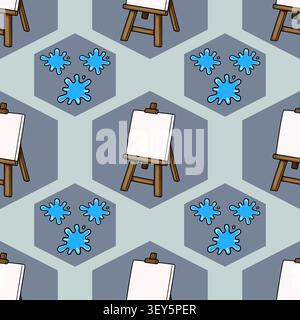 Seamless pattern with wooden easel and blue paint splash vector illustration Stock Vector
