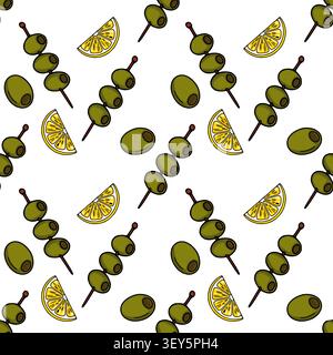 Seamless vector pattern with green olives on toothpicks and fresh lemon wedges Stock Vector